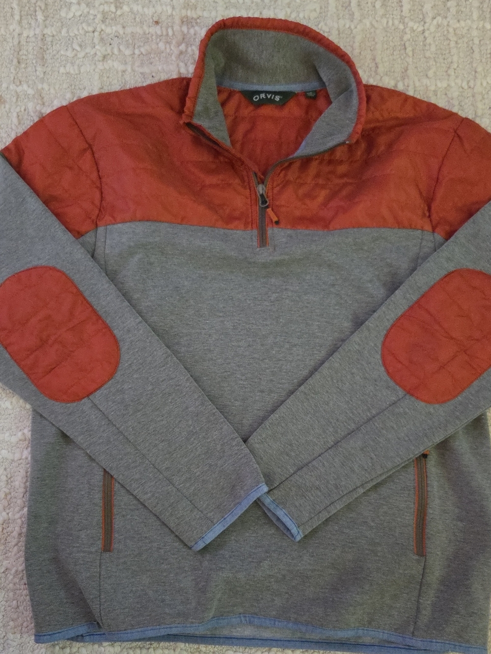 Orvis Gray & Orange Color Block Quilted Quarter Zip Pullover, M